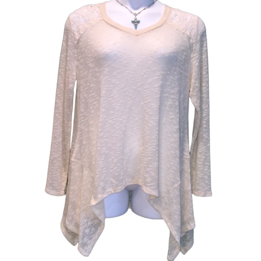 Perch 1X Ivory Tunic Long Sleeve Lace Inset Handkerchief Hem